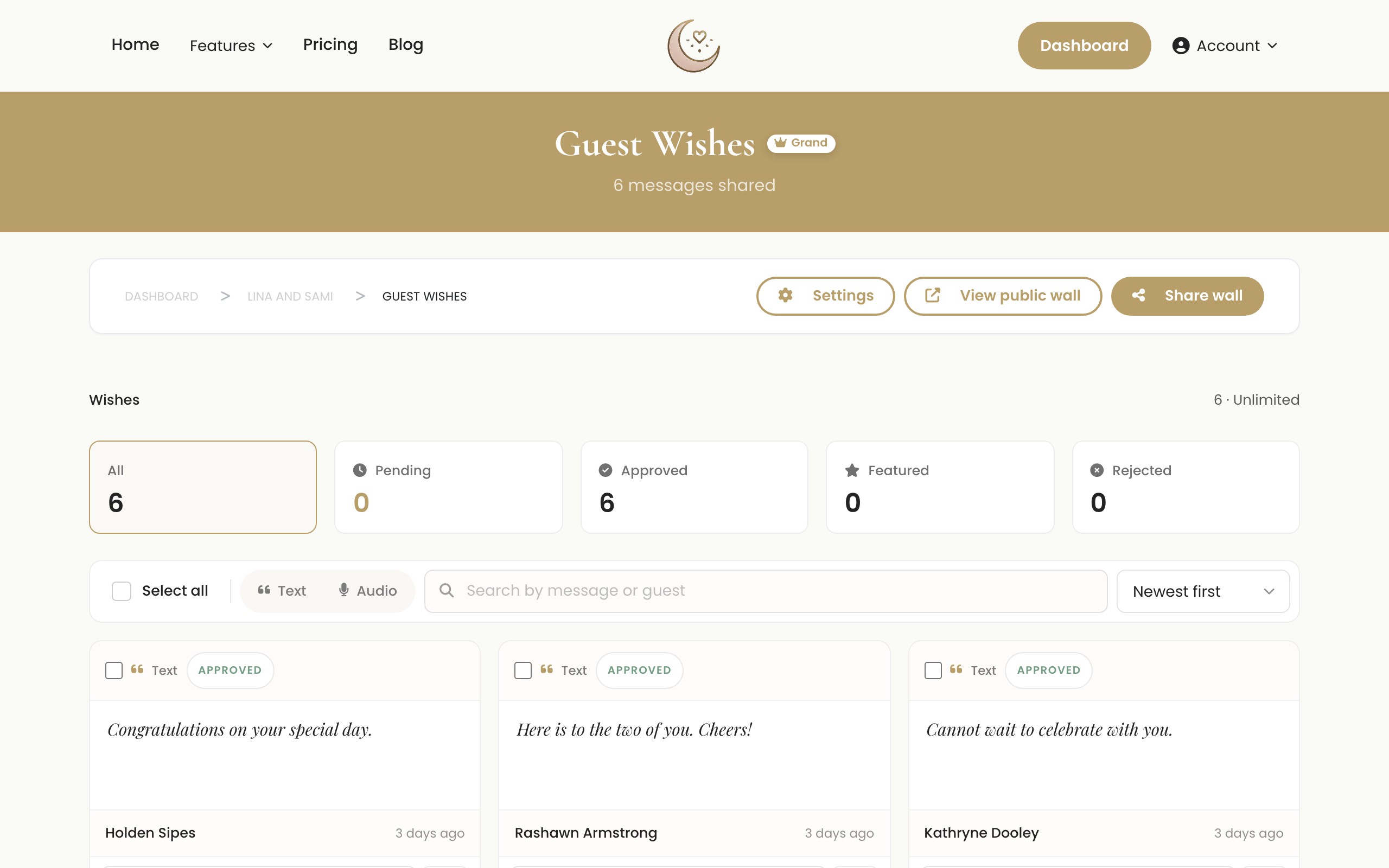 Digital wish guestbook and audio congratulations