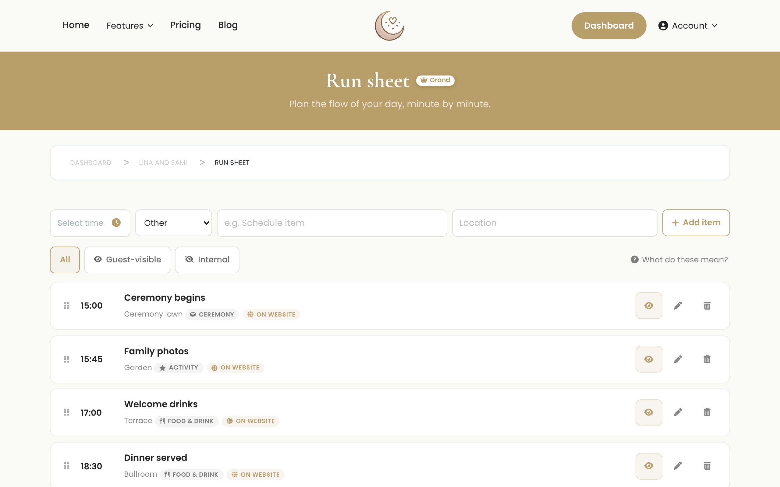 Custom wedding run-sheet and timeline