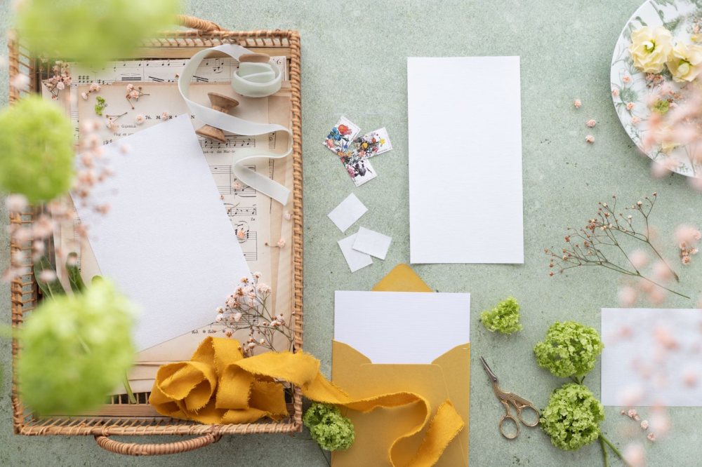 Wedding stationery and envelopes arranged on a soft pastel background