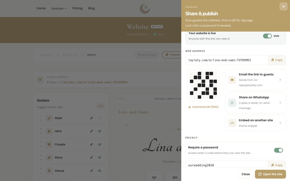 Das Fenster „Teilen und veröffentlichen“, mit der Webadresse, einem QR-Code, Teilen-Schaltflächen und einem Passwortschalter