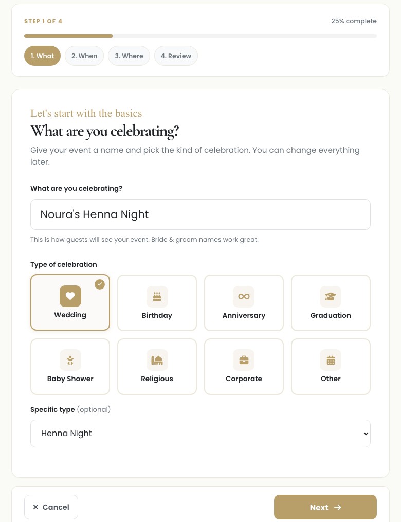 The create-event screen, with a Henna Night event named and selected