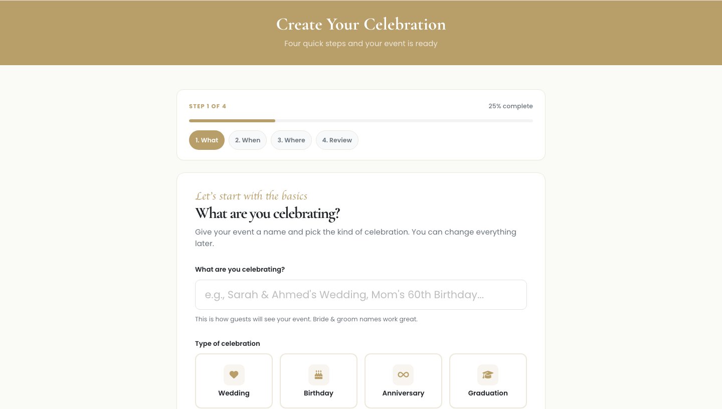 La pantalla para crear la celebración, con el nombre del evento, el tipo y la fecha