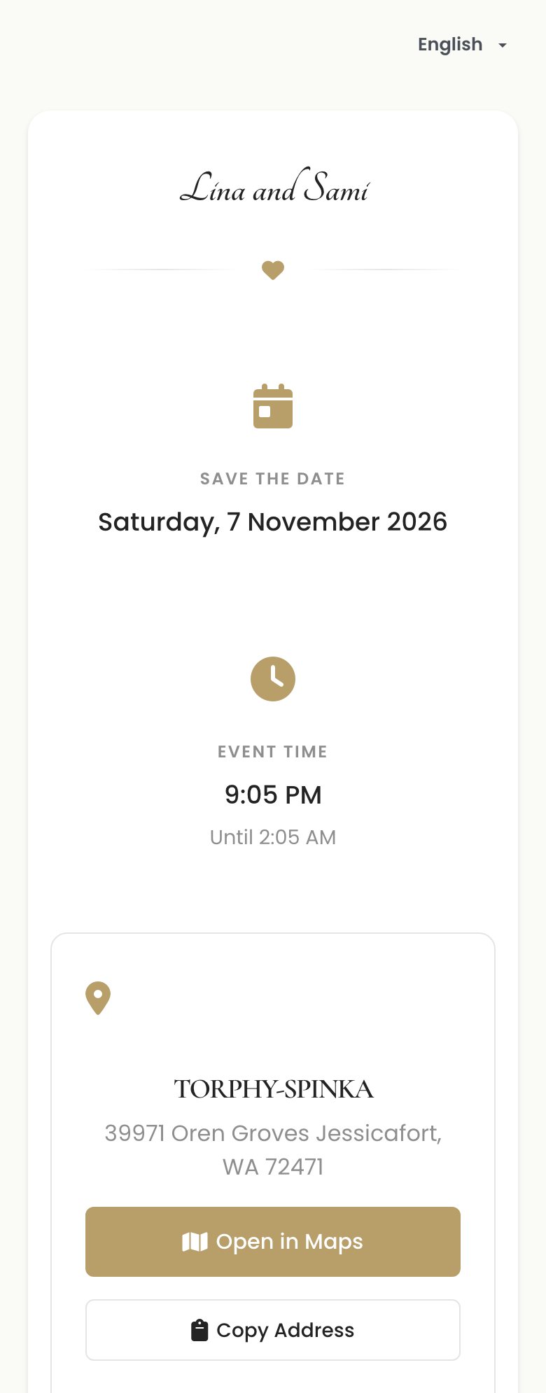La invitación tal como la ve un invitado en su teléfono, con un selector de idioma