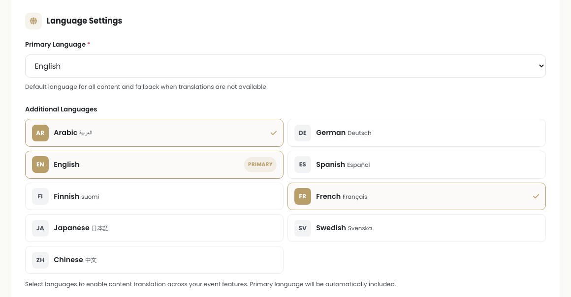 Les réglages de langue de l'hôte, avec la langue principale et une grille de langues supplémentaires, l'arabe et le français activés