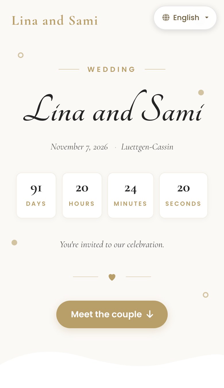 Le site de mariage public en anglais, sur un téléphone, avec une pastille de langue dans le coin supérieur