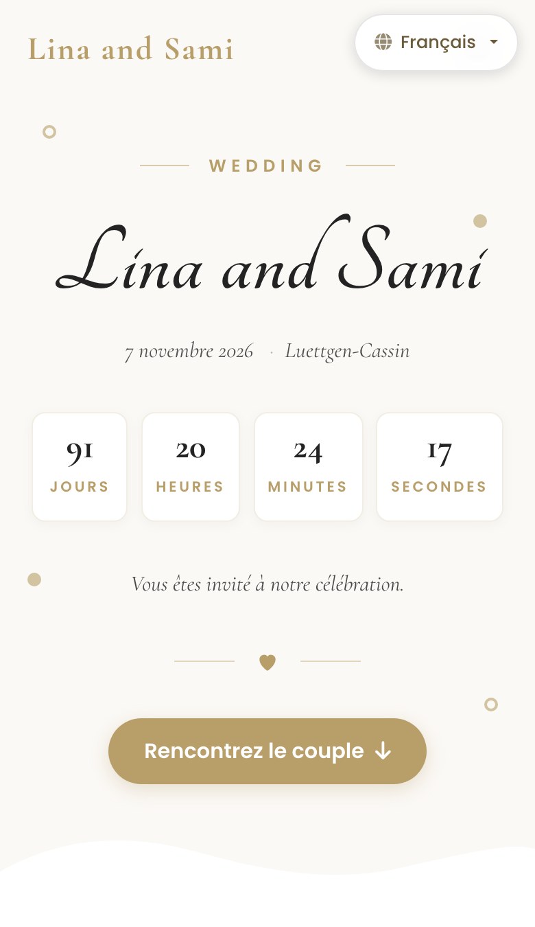 Le même site de mariage en français, sur un téléphone